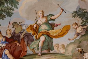 Diana mítoszának ábrázolásai, Domenico és Giuseppe Valeriani, freskó, hálószoba boltíves mennyezete, Király lakása, Vadászrezidencia, Filippo Juvarra (1678-1736), Stupinigi, Piemont, Olaszország alkotó: Giuseppe and Valeriani Domenico Valeriani