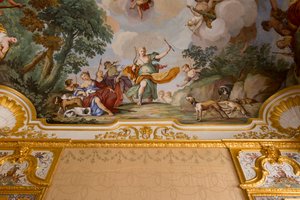 Diana mítoszának ábrázolásai, Domenico és Giuseppe Valeriani, freskó, hálószoba boltíves mennyezete, Király lakása, Vadászrezidencia, Filippo Juvarra (1678-1736), Stupinigi, Piemont, Olaszország alkotó: Giuseppe and Valeriani Domenico Valeriani