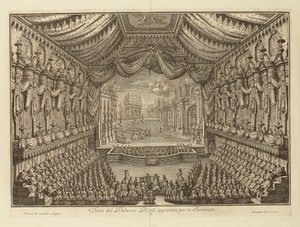 A La Serenata előadása a nápolyi királyi palotában par Vasi, Giuseppe (1710-1782). Rézmetszet, mérete: 41,5x62