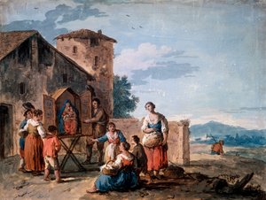 Parasztcsoport a tabernákulum előtt az Álló Madonna-szoborral, 1750 körül.