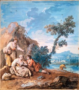 Három paraszt pihen a folyóparton, 1750 körül.