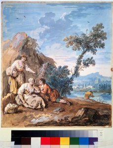 Három paraszt pihen a folyóparton. Giuseppe Zais (1709-1784) festménye. Akvarell, papír, 29,5 x 26,2 cm, 1750 körül. Velencei iskola, olasz festészet XVIII. Puskin Szépművészeti Múzeum,