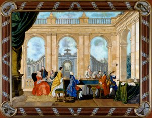 Zenét ábrázoló pietre dure inlay panel