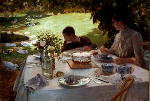 Reggeli a kertben Egy anya és fia a reggelihez terített asztalnál ülve figyelik a libákat és a kacsákat a kertben. Giuseppe de Nittis (1846-1894) festménye 1884 Dim. 81x117 cm Barletta, Museo De Nittis