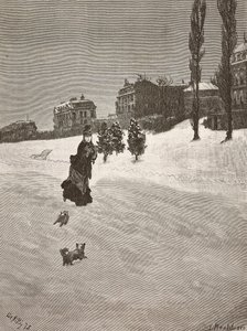 Hideg van!, nő sétál a hóban, metszet Giuseppe De Nittis festményéről, Montefusco rajza, L