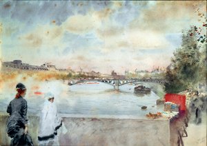 A Szajna partja Két párizsi hídon ülő nő a folyó felé néz, jobbra a dokkok könyvkészítői. Giuseppe De Nittis (1846-1884) akvarellje, 1875 Galleria d
