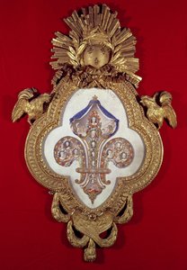 A Fleur de France, genealógiai fa XV. Lajos (1710-74) és leszármazottainak tizenhárom portréjával, fleur-de-lys alakú keretben, 1765 (arany és zománcozott)