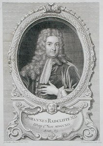 John Radcliffe (1650-1714) portréja a „Radcliffe-könyvtár tervei, metszetei és domborzatai”-ból, Pierre Fourdrinier (†1758) metszete, 1747 (metszet)