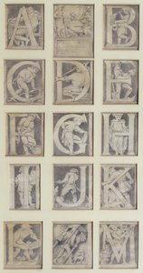 A-M, tizenhárom betűs terv a South Kensington Múzeum ábécéjéhez, 1864 (ceruza és szürke mosás)