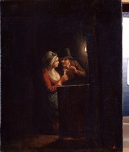 Egy férfi és egy nő gyertyafénynél. Godfried Cornelisz Schalcken (1643-1706) festménye. Olaj, vászon, 31 x 25 cm. holland művészet, barokk művészet. Állami Szabadtéri Múzeum Palace Gatchina, Szentpétervár.
