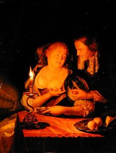 Egy úriember gyűrűt ajánl egy hölgynek (olaj a panelen) alkotó: Godfried Schalcken