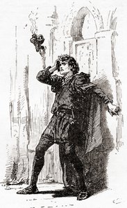 A scene from William Shakespeares play Hamlet, Act I, Scene 5, Hamlet: Remember thee! Ay, thou poor ghost, while memory holds a seat in this distracted globe, from The Works of William Shakespeare, pu