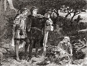 Jelenet William Shakespeare Hamlet című drámájából, V. felvonás, 1. jelenet, Hamlet: Ismerem őt, Horatio, a végtelen tréfa fickója, a legkiválóbb fantázia, az 1896-ban megjelent William Shakespeare műveiből (e)