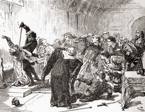 Jelenet William Shakespeare Hamlet című darabjából, V. felvonás, 2. jelenet, Hamlet: A lényeg is mérges! Akkor méreg, a munkádra. (Szúrja a királyt), William Shakespeare műveiből, 1896-ban (metszet)