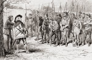 Jelenet William Shakespeare IV. Henrik király című drámájából, 1. rész, IV. felvonás, 2. jelenet, Falstaff rongyos ezredje, William Shakespeare műveiből, 1896. alkotó: Gordon Frederick Browne