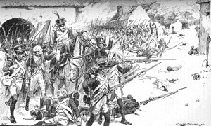 Oszlop az oszlop után kényszerítette az utat a faluba, csak vissza kell lökni, 1896, 1902 alkotó: Gordon Frederick Browne