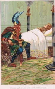 Harald mellette ült és figyelte őt, illusztráció Alice S. Hoffman 1926-ban megjelent "The Book of Sagas" című könyvéből. alkotó: Gordon Frederick Browne