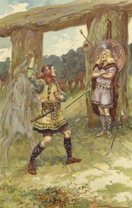 Hodur elvette a fagyöngyöt Lokitól, Loki pedig megvezette a karját, és Baldurra hajította, és Baldur éles kiáltással holtan esett (chromolitho)