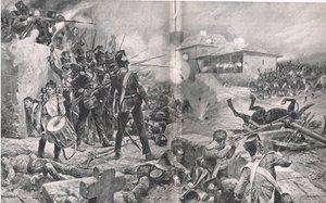 Hogyan nyerte el az 57. ezred a „The Die Hards” becenevet az albuerai csatában, 1811. május 16-án, illusztráció a „British Battles on Land and Sea” című könyvből, kiadó: Cassell, London, 1910 körül alkotó: Gordon Frederick Browne