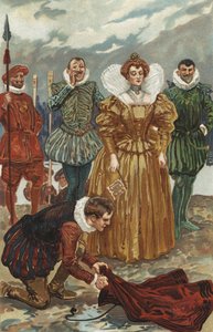 Sir Walter Raleigh köpenyét ajánlja fel I. Erzsébet királynőnek