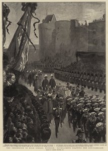 A menet a High Street-ben, Windsorban, kékkabátosok rajzolják a fegyverszállító kocsit alkotó: Gordon Frederick Browne