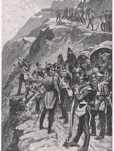 The Retreat to Corunna: Hurling the Silver down the Mountainside, illusztráció a „British Battles on Land and Sea” című könyvből, kiadó: Cassell, London, 1910 körül alkotó: Gordon Frederick Browne
