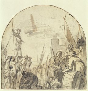 Briniót a Harcosai emelik a pajzsára (toll, ecset és tinta ceruza fölé papíron) alkotó: Govaert Flinck