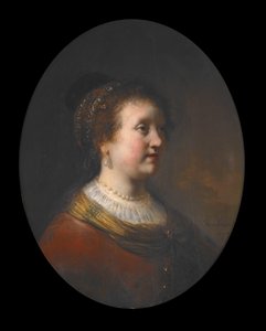 Nő vörös ruhában és gyöngyökkel alkotó: Govaert Flinck