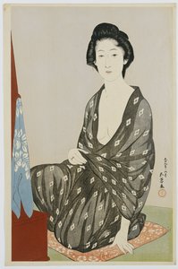 Szépség fekete kimonóban, fehér hanabishi mintákkal, tükör előtt ülve, 1920 alkotó: Goyo Hashiguchi