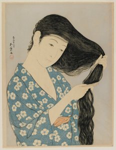 Haját fésülködő nő, Taisho korszak, 1920. március (színes fatömbnyomat) alkotó: Goyo Hashiguchi