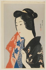 Törülközőt tartó nő, Taisho korszak, 1920 október (színes fametszet)
