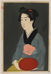 Tálcát tartó nő, Taisho korszak, 1920 január (színes fametszet)