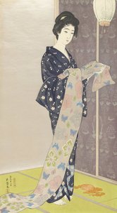 Fiatal nő nyári kimonóban, 1920 (színes fametszet) alkotó: Goyo Hashiguchi