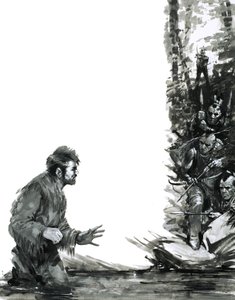 Alexander Mackenzie-t indiánok fenyegetik, miközben egy folyón gázol át alkotó: Graham Coton