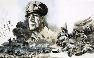 Douglas MacArthur a D-napi partraszállás jeleneteivel alkotó: Graham Coton