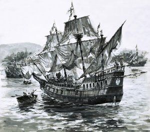 Drake hajója, az Arany Hind, hatalmas gazdagságot szállítva sántikál vissza Portsmouthba.