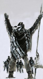 Azonosítatlan indián áll az amerikai lovasok előtt