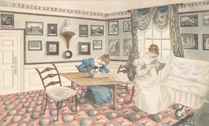 Két fiatal nő ír és varr egy enteriőrben Hattonban, Warwickshire-ben, 1820-30. alkotó: Granddaughters of Dr. Samuel Parr.