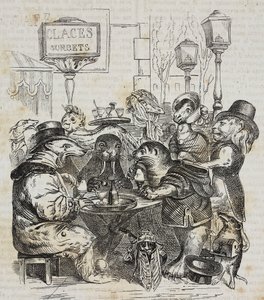 Fagylaltozóban ülő vadállatok, Giovanni Mariani litográfiája Jean-Jacques Grandville (1803-1847) karikatúrája nyomán, a Poliorama Pittoresco-ból, január 21. 24. alkotó: Grandville
