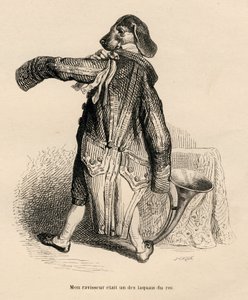 Kutya a király lakájának szerepében. A miniatűröket JJ Granville illusztrálta. Gravírozott Caque a "Egy nyúl története" című részében, amelyet PJ Stahl írt a "Jelenetek az állatok magán- és közéletéből". Paris, J. Hetzel és Paulin alkotó: Grandville
