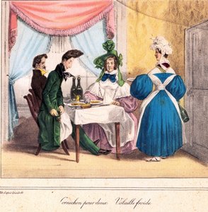 A vendéglős életkártyája: Pácolás két személyre, hideg csirke 1831-32 (litográfia) alkotó: Grandville