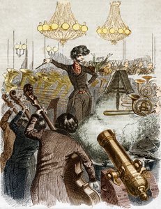 Egy koncerten géppuska van. Hector Berlioz rajzfilmje zenekart vezényel. A Grandville által illusztrált „” Jerome Paturot társadalmi pozíciót keresve” című könyvében. alkotó: Grandville