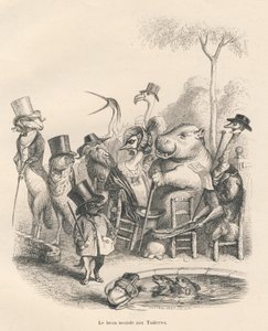 Elegáns ruhába öltözött állatok sétálnak a Tuileriákban . JJ Granville által illusztrált matricák. Andrew, Best és Leloir által aláírt metszet a PJ Stahl által írt "Histoire d