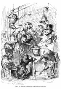 Rajzfilm: Grandville metszete, az "Állatok magán- és közélete (Les animaux painted pa them memes)" című könyvből, Hetzel kiadás 1867, 566. o. - "A Gira táblai" című fejezet, Hetzel kiadás 1867, 566. o. - "A Gira táblai" című fejezet.