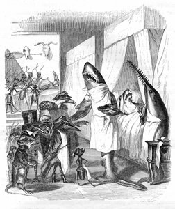 Rajzfilm: Halak - orvosok: Hetzel kiadás 1867. 551. o. - Egy cápa és egy fűrészes hal (Fish saw) egy ágyban fekvő beteg mellett.