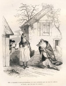 Kutya, tyúk és róka beszélgetése. A matricákat JJ Granville illusztrálta. Godard aláírású metszet a "Csapdába esett róka" című részben, amelyet Charles Nodier írt "Az állatok magán- és közéletének jelenetei". Paris, J. H alkotó: Grandville