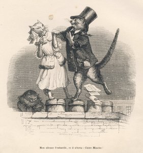 Két macska csábítja egymást a tetőn. A miniatűröket JJ Granville illusztrálta. Andrew, Best és Leloir aláírásával ellátott metszet a Honore de Balzac által írt "Egy angol macska udvari fájdalmai" című részben "Jelenetek az állatok magán- és közéletéből" alkotó: Grandville