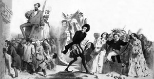 Francia romantikus írók (Alfred de Vigny, Victor Hugo, Alexandre Dumas atya, Honore de Balzac ), akik be akarnak jutni a Francia Akadémiára, de az ajtók zárva vannak, metszet.