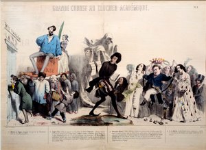 Nagyszerű verseny az akadémiai harangtoronyig. Alfred de Vigny (1797-1863), Eugene Sue (1804-1857) Alexandre Dumas (1802-1870) és Honore de Balzac (1799-1850) írók elismerése. Gerard Grandville (1803-1847) metszete. alkotó: Grandville