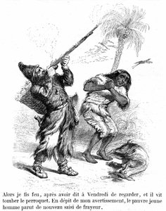 Daniel de Foe (DeFoe) Robinson Crusoe című regényének illusztrációja Grandville - edition Garnier 1869 p193. Robinson puskával lövöldözik Frigyes Péntek előtt.